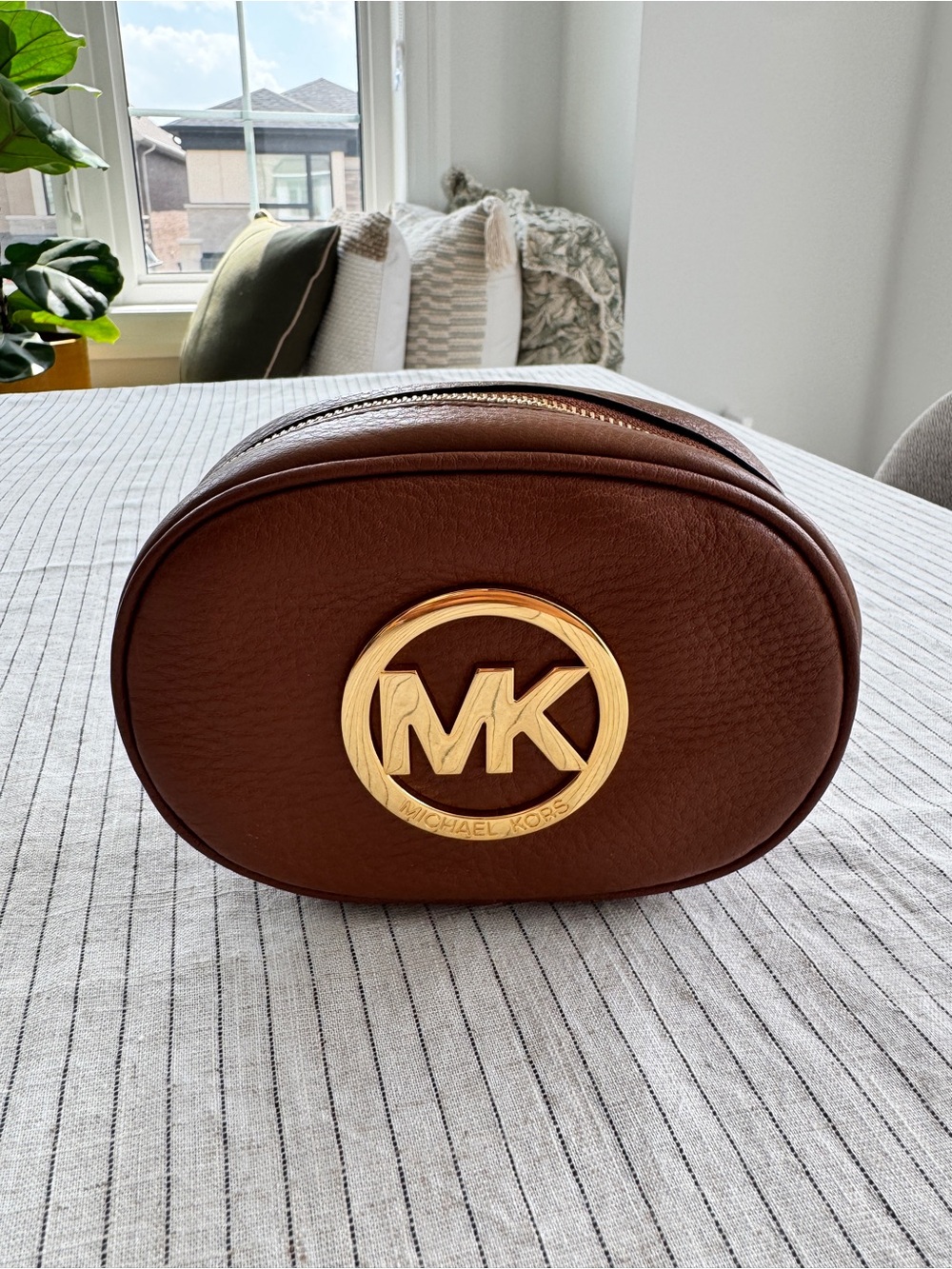 Michael Kors Brown Leather Cosmetic Pouch/Toiletry Pouch with Gold MK Emblem